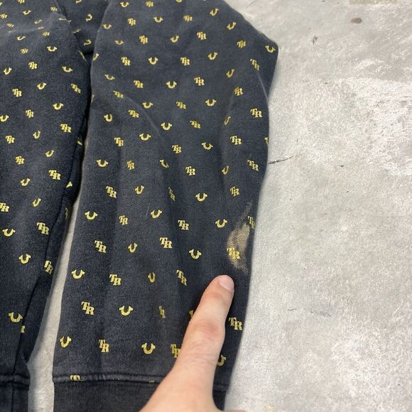 True Religion Mens Large Black Hoodie Sweater All Over Logo Print Pullover READ - Picture 2 of 7